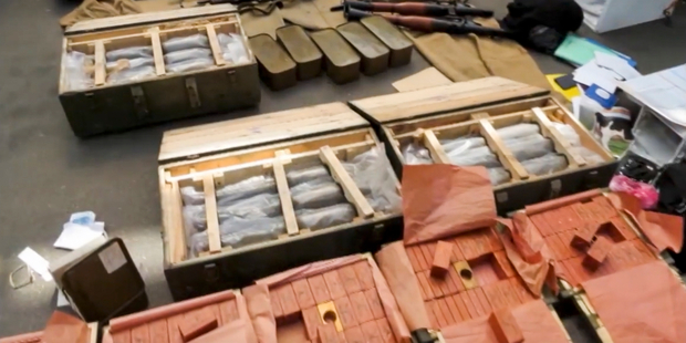 In this image, provided by the Ukrainian Intelligence Agency SBU, confiscated ammunition and explosives are on a display at the Yahodyn border crossing. Photo / AP