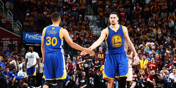 Warriors guards Stephen Curry and Klay Thompson combined for 63 points to put the Warriors one win away from the NBA championship. Photo / Getty