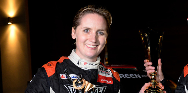 Emma Gilmour celebrates winning Rally Canterbury. Photo / Geoff Ridder