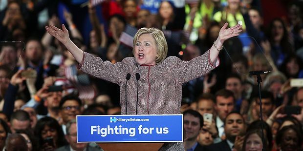 Democratic presidential candidate Hillary Clinton walks on stage in Armani after winning the highly contested New York primary on April 19. Photo / Getty