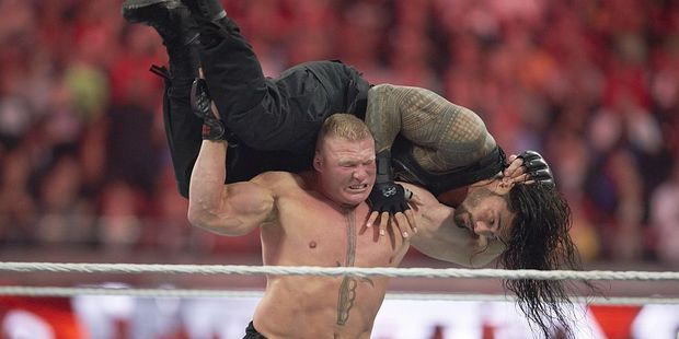 Brock Lesnar in action vs Roman Reigns during Wrestlemania 31. Photo / Getty