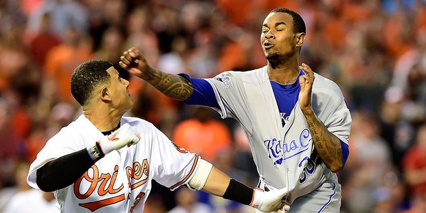 Manny Machado of the Baltimore Orioles and Yordano Ventura of the Kansas City Royals fight in the fifth inning of their game at Oriole Park. Photo / Getty