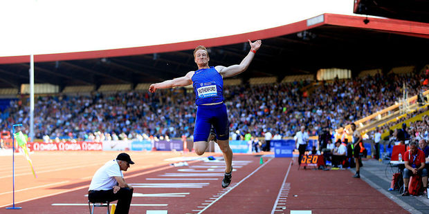 Greg Rutherford of Great Britain competes in the mens long jump during the Birmingham Diamond League Athletics meeting at Alexander Stadium on June 5, 2016. Photo / Getty Images