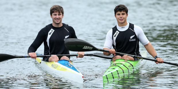 New Zealand under-23 reps Tim Waller (left) and Taris Harker finish a training session at Wairoa River. Photo / John Borren