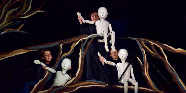The Three Genii, voiced and puppeteered by sopranos Barbara Graham, Katherine McIndoe and Kayla Collingwood.