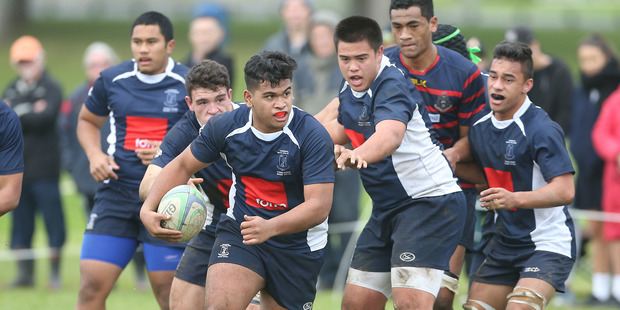 Tauranga Boys' hooker Diamond Ioane breaks clear against Rotorua Boys' at Nicholson Field yesterday. Photo / John Borren