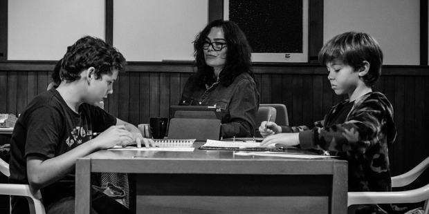 Rachel House in rehearsals for Silo's production of Medea with Aeden Burmester, left, and Quinn Bevan. Photo / Jinki Cambronero