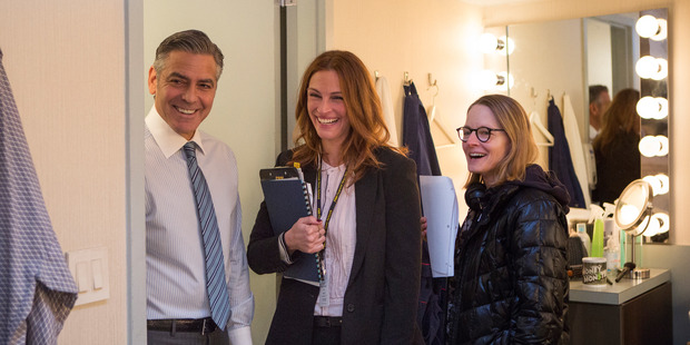 George Clooney, Julia Roberts and Director Jodie Foster on the set of Money Monster.