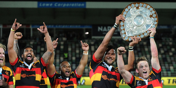 Waikato celebrate with the Ranfurly Shield following the round nine ITM Cup match between Hawke's Bay and Waikato on October 9, 2015 in Napier, New Zealand. Photo / Getty Images