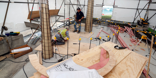 The Hundertwasser folly, Te Kakano, was originally due to start early next year but now, the Hundertwasser-inspired seed building is under way with contractor John Schreurs (right) and Graham Stebbeings onsite at the Town Basin. Photo / John Stone