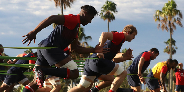 Maro Itoje sprints with team mates during the England training session on the Gold Coast. Photo / Getty