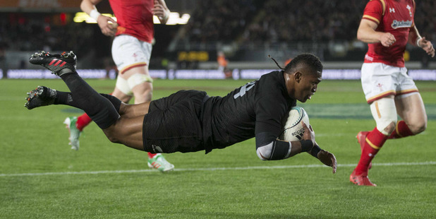 All Blacks winger Waisake Naholo scores the first of his two tries. Photo / Brett Phibbs