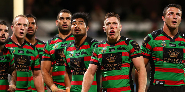 Rabbitohs players watch a replay of a Titans try during the round 13 NRL match between the South Sydney Rabbitohs and the Gold Coast Titans. Photo / Getty Images