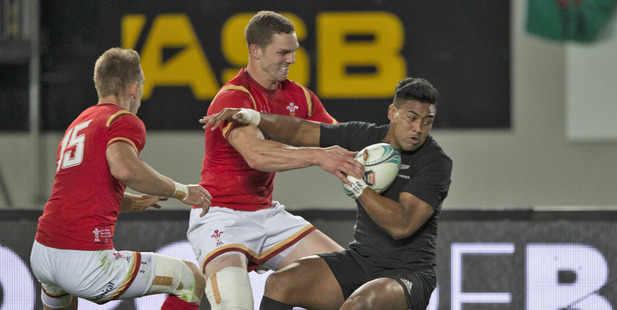 All Blacks winger Julian Savea scores against Wales. Photo / Brett Phibbs