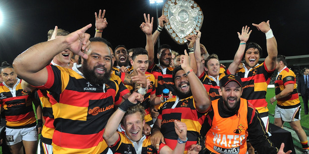 Waikato celebrate with the Ranfurly Shield following their win over Hawke's Bay. Photo / Getty