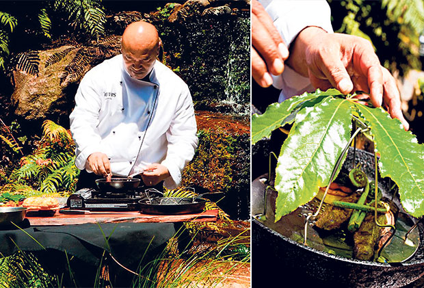 Chef Eru conducts a wild food cooking class in the open air.