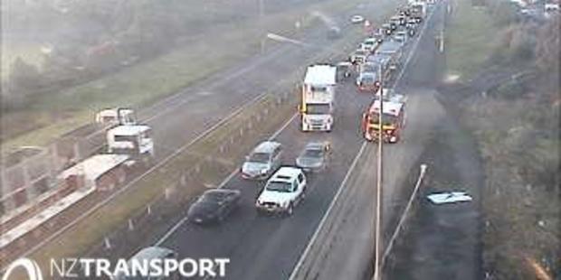 Traffic is backed up on the Southern Motorway after a motorcyclist was killed in a crash. Photo / NZ Transport Authority