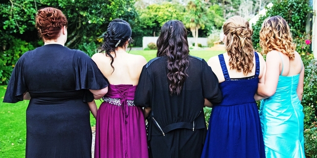 Five Hawera High School girls as they left for the school ball. PHOTO/ROSS GLOVER