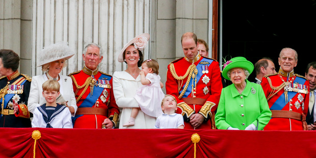 From left: Camilla, Prince Charles, Catherine, Princess Charlotte, Prince George, Prince William, Queen Elizabeth II and Prince Phillip on the balcony. Photo / Getty Images
