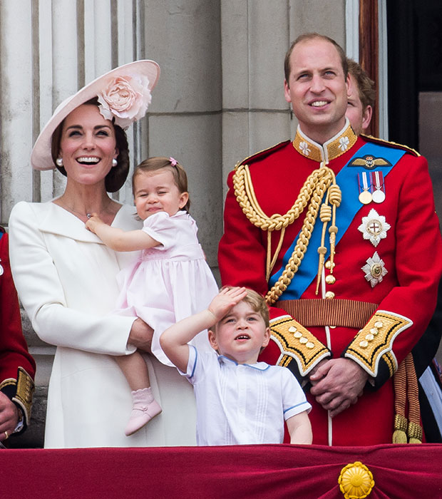 Catherine, Duchess of Cambridge, Princess Charlotte, Prince George and Prince William, Duke of Cambridge stand on the balcony during the Trooping the Colour. Photo / Getty Images