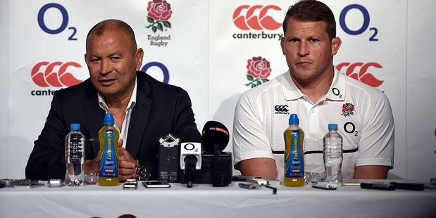 England rugby coach Eddie Jones and captain Dylan Hartley at a press conference.