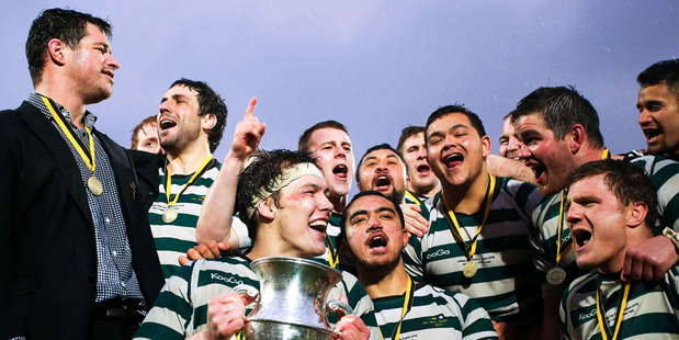 Old-Boys University celebrate after winning the Wellington Club Rugby Jubilee Cup Final match between Old-Boys University and Marist St Pats in 2015. Photo / Getty Images.
