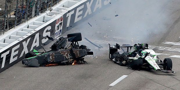Josef Newgarden crashes after contact with Conor Daly. Photo / Getty Images