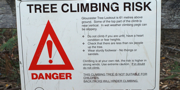 Warning sign at Gloucester Tree Lookout, in Western Australia. Photo / Pamela Wade
