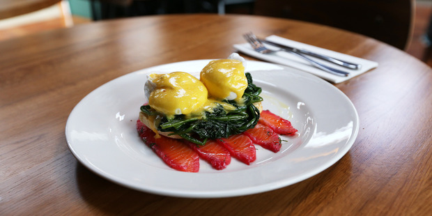 Eggs benedict at Cafe L'affare. Photo / Doug Sherring