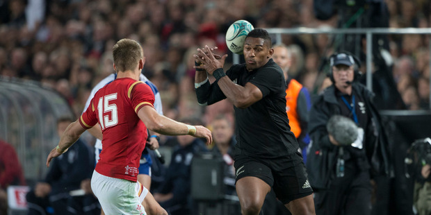 New Zealand All Blacks winger Waisake Naholo loses the ball against Wales during the 1st test match between the All Blacks and Wales. Photo / Brett Phibbs.