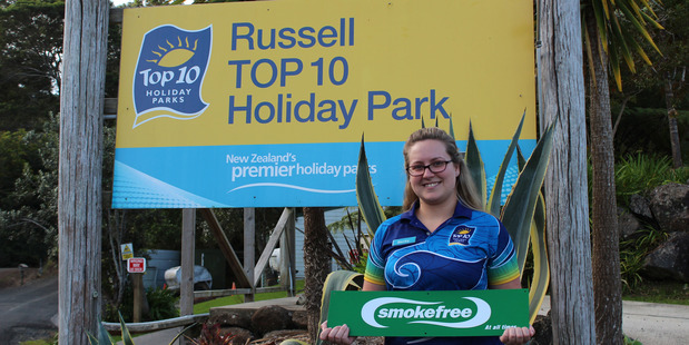 FINALIST: Russell Top 10 Holiday Park, with Becky Tilton pictured celebrating the park becoming smokefree, is a finalist in a national award.PICTURE / SUPPLIED