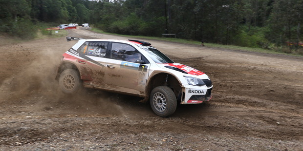 Gaurav Gill throws his Skoda Fabia R5 through a hairpin on the Rally of Queensland. Photo / Macspeed Photo