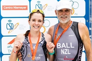 Father and daughter Max and Morgan Ball at the finish of the World Duathlon Championships in Spain.