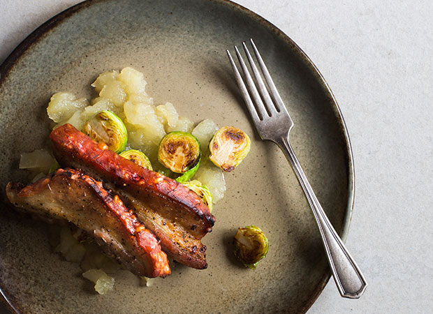 Laurie's pork, brussels sprouts and apple sauce. Photo / Bite magazine