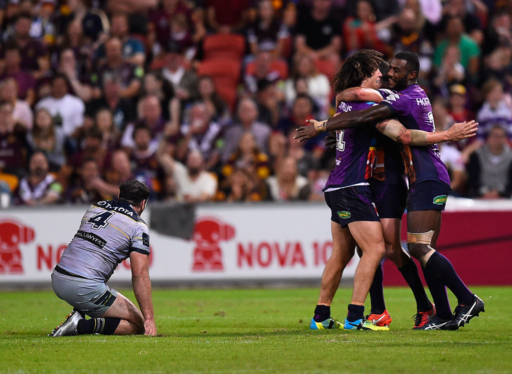 Storm players celebrate after winning the round 10 NRL match. Photo / Getty Images