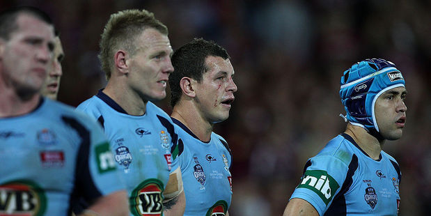 Luke Lewis, Greg Bird and Jamie Soward of the Blues during 2011 State of Origin game three, the last time NSW won the penalty count. Photo / Getty Images