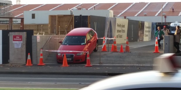 The only injury was their pride. The couple's shortcut ended with their car stuck on a set of steps. Photo / Supplied