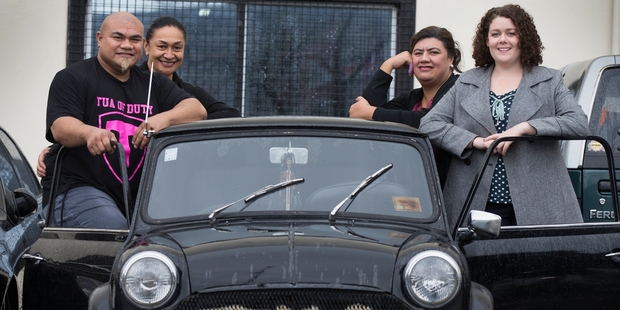 David Tua with wife Helen support Park Up For Homes, with organisers Josephine Bartley and Annaliese Johnston. Photo / Nick Reed