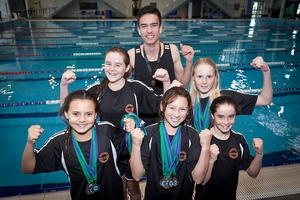 Papamoa swimmers, back, from left, Hayley Dawson, Ethan Whale, Kasha Stokes. Front, Zyleika Pratt-Smith, Talitha McEwan, and Tegan Sloan. Photo / Andrew Warner
