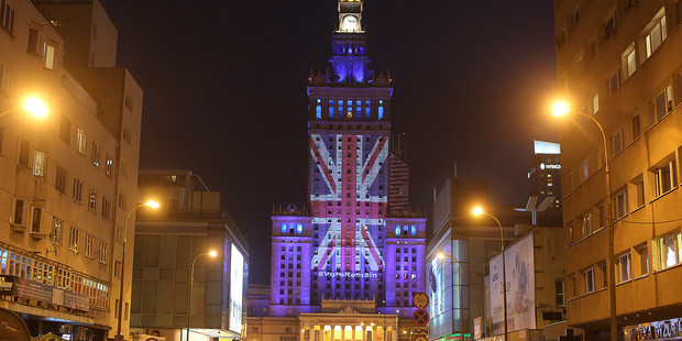 The Palace of Culture and Science is illuminated with British flag by Warsaw's capital authorities in support of Britain staying in the EU, in Warsaw, Poland. Photo / AP