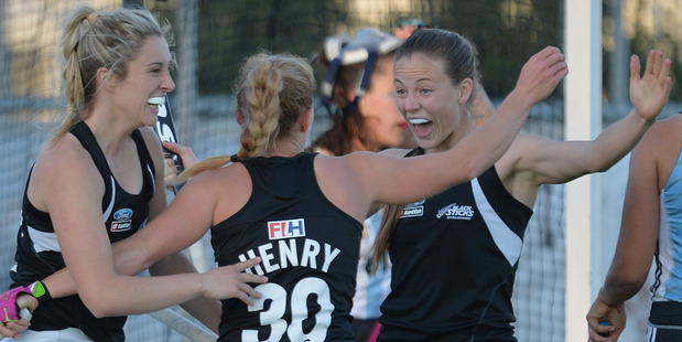 Rachel McCann, Kathryn Henry and Shiloh Gloyn celebrate scoring a goal. Photo / Getty Images