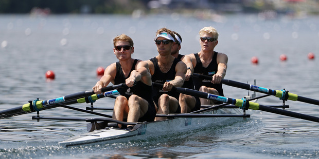 New Zealand Lightweight Men's Four (R-L) James Lassche, Matthew Dunham, Alistair Bond and James Hunter in action in the heats during day 1 of the 2016 World Rowing Cup in Lucerne. Photo/Getty.