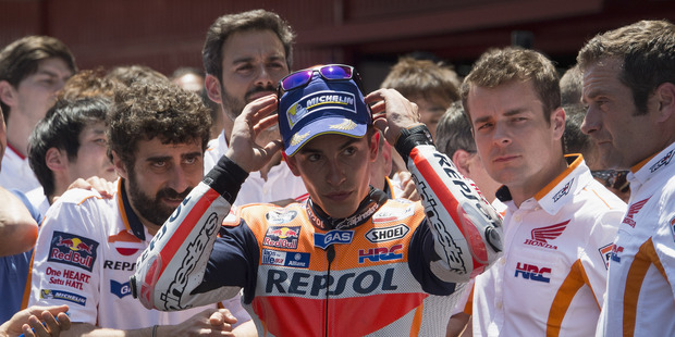 Marc Marquez of Spain and Repsol Honda Team celebrates under the podium. Photo / Getty Images