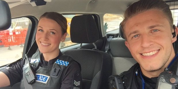 Essex Police wanted to raise the profile of safe driving with this selfie of Sergeant Kayleigh Webster and Police Constable Daryl Jones. Photo / Facebook