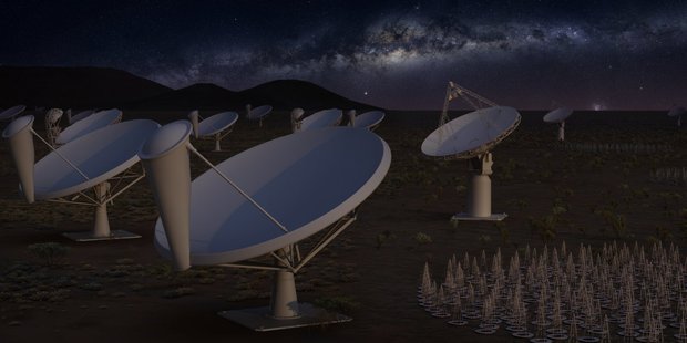 Artist impression of the first phase of the Square Kilometre Array at night. Photo / SKA Organisation / Eye Candy Animation