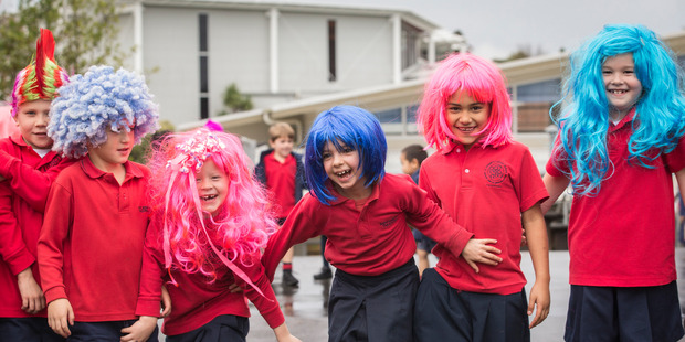 Ashton, Ben, Julia, Milla, Ava and Scarlett from St Joseph's Primary in Takapuna wig up to support the Child Cancer Foundation. Photo / Greg Bowker