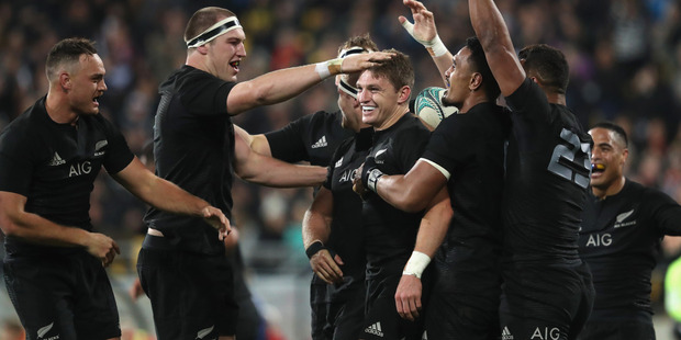 Beauden Barrett of the All Blacks (C) celebrates his try during the International Test match between the New Zealand All Blacks and Wales. Photo / Getty Images.