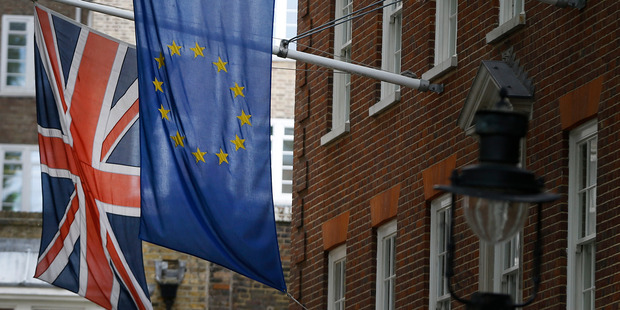 The Union flag and the European Union flag fly outside Europe House, The European Commission Representation in London. Photo / AP