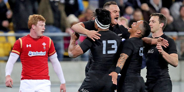 Israel Dagg celebrates scoring the opening try against Wales. Photo / Getty