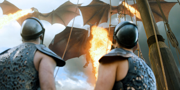 Dany's three dragons attack the Slavers' ships as one. Photo / HBO